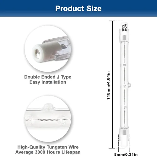 Miniatura 2 de Bombillas Halógenas R7S 300W Regulables 120V 118mm T3 Tipo J Foco Reflector con Larga Vida, 2700K Luz Blanca Cálida Lineal de Doble Extremo