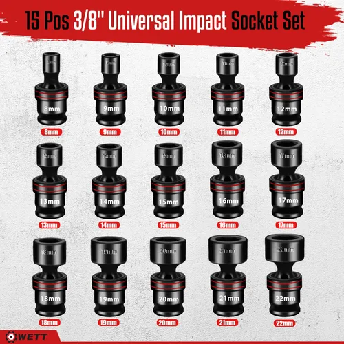Miniatura 2 de WETT Juego de 15 piezas de enchufes de impacto universales de 3/8" de profundidad, juego de enchufes giratorios métricos (8-22mm), enchufes