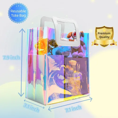 Miniatura 3 de Caleihd 12 bolsas de regalo holográficas transparentes con papel de seda, 7.9 x 7.1 x 3.9 pulgadas con asas, bolsas de golosinas, para Navidad