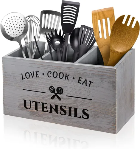 Miniatura 7 de MINCORD Soporte para utensilios de cocina con 3 compartimentos, caja organizadora de almacenamiento de madera rústica, caja organizadora