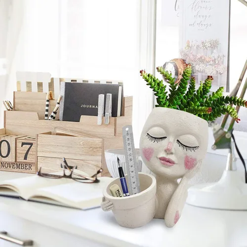 Miniatura 4 de Maceta con Rostro - Macetas Dobles para Plantas de Interior y Exterior, Resina, Cabeza de Planta con Agujero de Drenaje, Linda Cara de Dama, Macetas