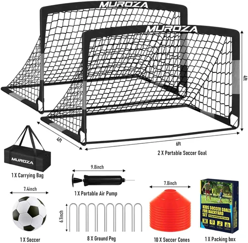 Miniatura 2 de Portería de fútbol, juego de porterías de fútbol para niños para patio trasero, paquete de 2 redes de fútbol portátiles desplegables con pelota
