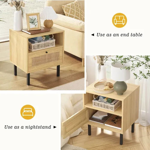 Miniatura 2 de Angel Sar Rattan Night Stand Set 2, Boho Bedside Table Nightstand with Rattan Door, Storage Cabinet, Open Storage Space & Sturdy Metal Legs, Accent