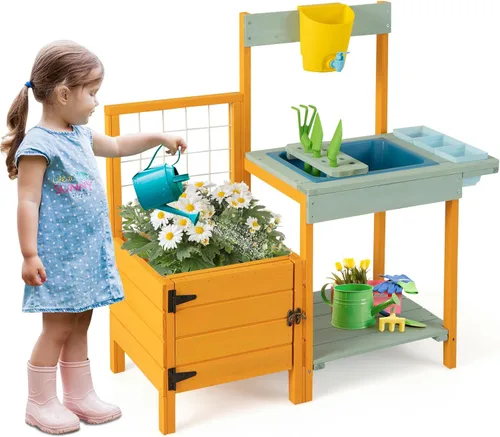 Miniatura 12 de Costzon Cocina de barro, banco de madera para macetas para niños con grifo extraíble, fregadero, estufas, pomos de rotación, cajas para macetas