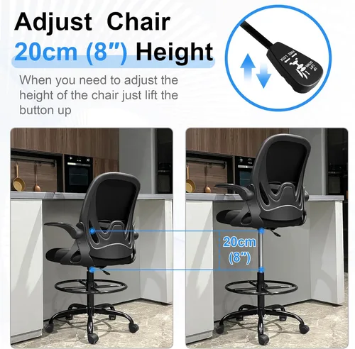 Miniatura 8 de Primy Silla de dibujo alta de oficina con reposabrazos abatibles, silla de escritorio ergonómica ejecutiva para computadora con soporte lumbar