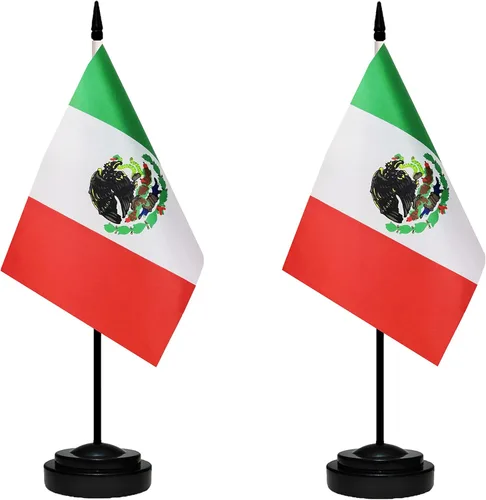 Miniatura 2 de Banderas de México - Juego de banderas mexicanas de escritorio, pequeña bandera de mesa de México con poste negro de 13 pulgadas, base negra y parte