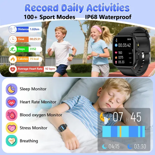 Miniatura 4 de Reloj inteligente para niños, rastreador de actividad física de 1.85 pulgadas con cámara, juegos, música, SOS, AI, reloj despertador, video, control