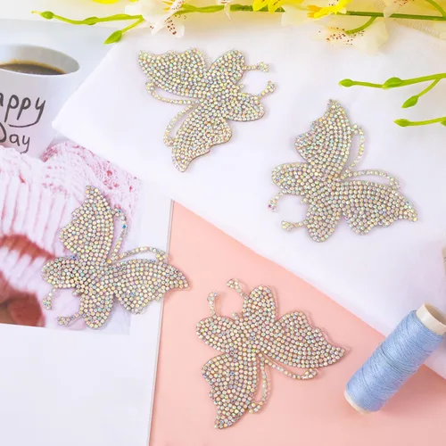 Miniatura 7 de 4 parches de mariposa con diamantes de imitación, para coser/planchar en apliques de mariposas con cuentas, parche de reparación de ropa brillante