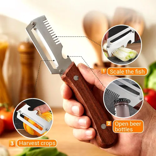 Miniatura 7 de Pelador de verduras multifuncional, cortador de verduras de acero inoxidable ultra afilado 3 en 1, triturador de frutas y abridor de botellas