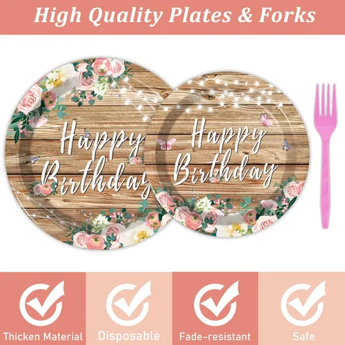 Miniatura 3 de Juego de 96 platos de fiesta de cumpleaños con flores de madera de grano de madera rosa y flores rústicas para niñas y niños, suministros de fiesta