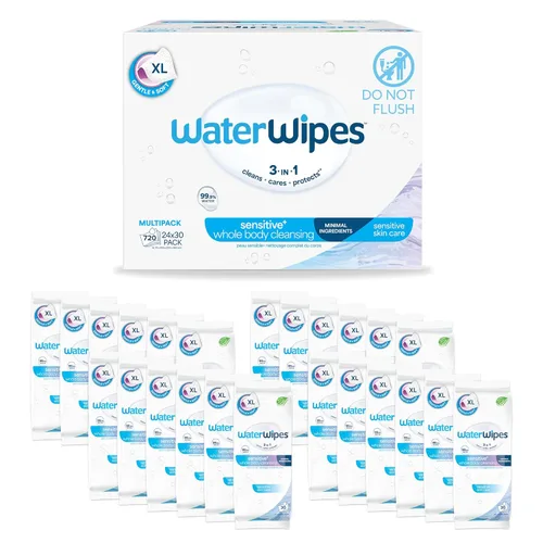 WaterWipes Toallitas de Cuidado Adulto Sensible para Higiene Corporal e Íntima, 360 Toallitas (12 Paquetes), Textura Extra Grande, 99.9% a Base de