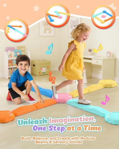 Miniatura 4 de Holyton Tira de Equilibrio con Luces Musicales y Escalones de Paso para Niños de 13 Piezas, Escalones Apilables de Equilibrio de Plástico