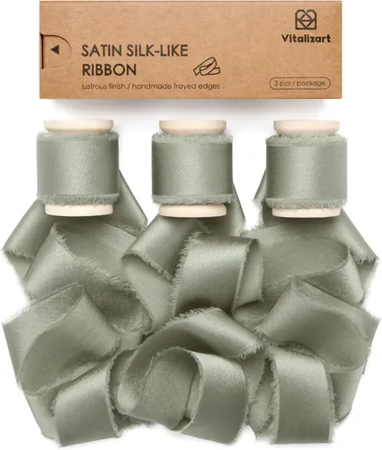 Vitalizart Cinta de satén de seda verde salvia polvorienta, 1 pulgada x 15 yardas, cinta de gasa deshilachada hecha a mano con carrete de madera