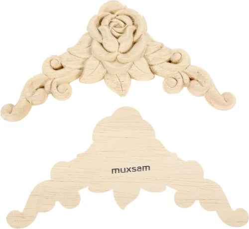 Miniatura 8 de Apliques tallados en madera, 8 piezas de calcomanías de esquina de rosa, tallados de roseta de madera sin pintar para puerta, gabinete, repisas