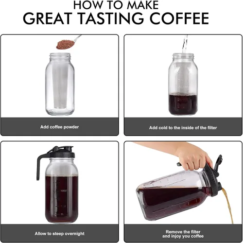 Miniatura 5 de Cafetera helada en tarro de cerveza fría, vidrio duradero, 64 onzas (2 cuartos de galón/1.9 litros), con asa y filtro de acero inoxidable para café