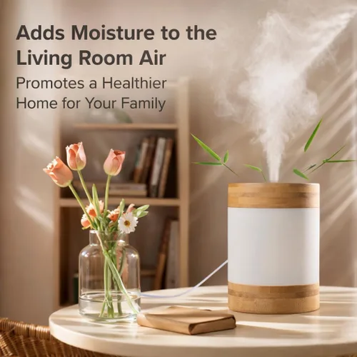 Miniatura 5 de Mini humidificador ultrasónico de bambú, humidificador de escritorio silencioso de 14.1 onzas líquidas con luz nocturna LED dual, alimentado por