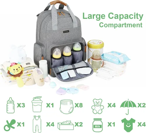 Miniatura 7 de Mochila para pañales con cambiador, organizador de bolsas de pañales para mamás, papás, bolsas cambiadoras grandes para bebés Gris