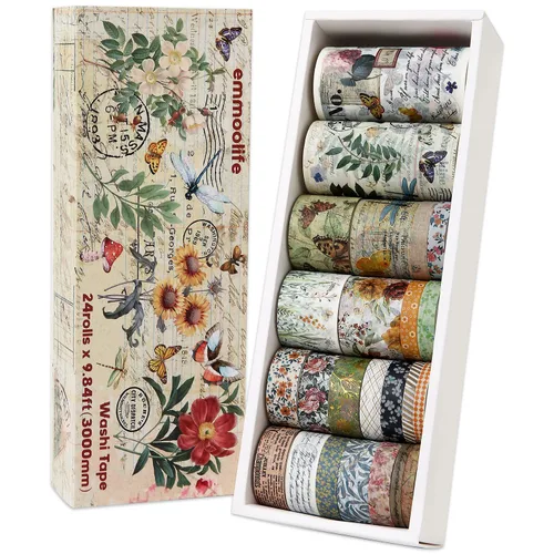 Juego de 24 rollos de cinta washi vintage, diseños florales, letras, mariposas, hongos, flores botánicas, cintas decorativas escribibles para