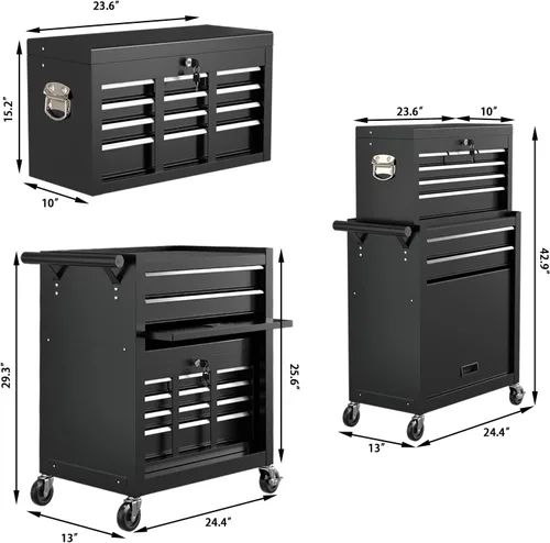 Miniatura 3 de Cofre de herramientas rodante de alta capacidad de 8 cajones, caja de herramientas de almacenamiento extraíble con ruedas y cajones, caja de Negro