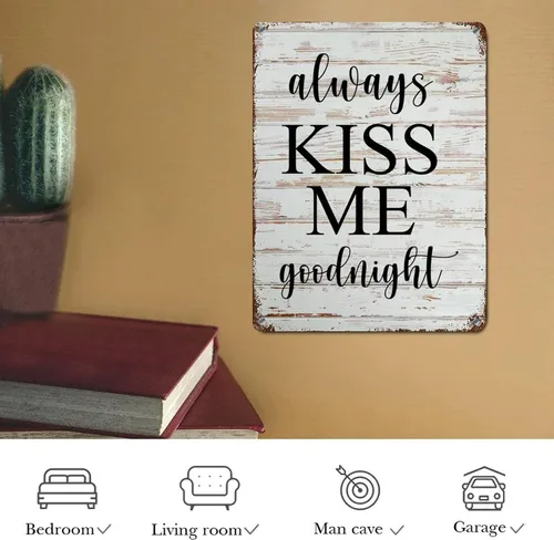 Miniatura 7 de Letrero de metal con letras familiares con texto en inglés "Saying Always Kiss Me Goodnight" de grano de madera, divertido, envejecido, elegante