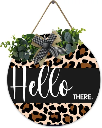 Letrero colgante de madera con texto en inglés «Hello There», diseño de leopardo de bienvenida para puerta delantera, letrero de corona vintage,