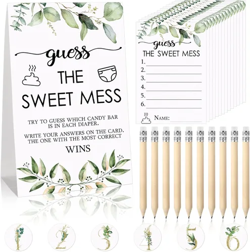 Juego de 67 piezas de pañales sucios de Guess The Sweet Mess para baby shower, incluye letrero de Adivina el dulce lío, 50 tarjetas pequeñas, 10