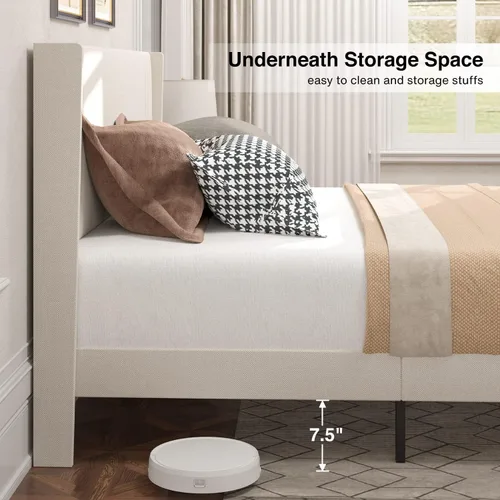 Miniatura 5 de Gizoon Base de cama matrimonial con cabecera de ala, plataforma tapizada con cabecera geométrica moderna, listones de madera, sin ruido, no necesita