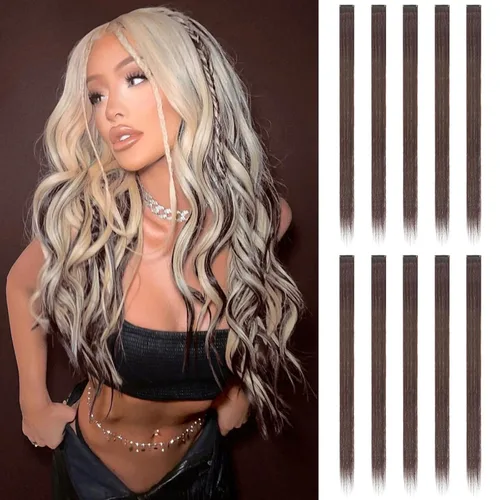 Miniatura 29 de FESHFEN Extensiones de cabello con clip de colores, 16 piezas de 8 colores resaltados, piezas de cabello sintético lacio con clip para mujer, 22