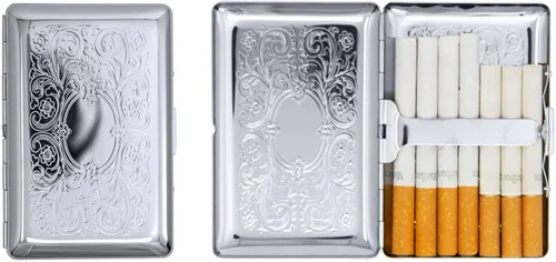 Juego de 2 cajas de cigarrillos ultra compactas chapadas en metal tamaño King y caja de almacenamiento (estampado Victoria plateado)