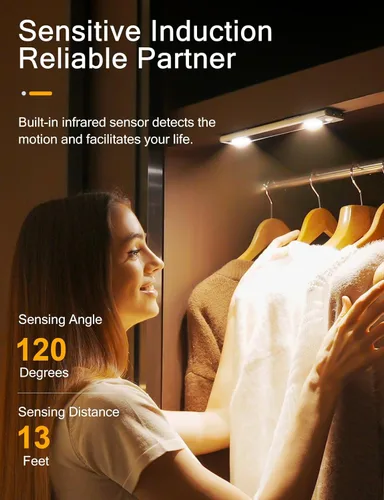 Miniatura 2 de YIGER Luces para debajo del gabinete, luz inalámbrica con sensor de movimiento para interiores, iluminación LED cálida de 10 pulgadas, funciona