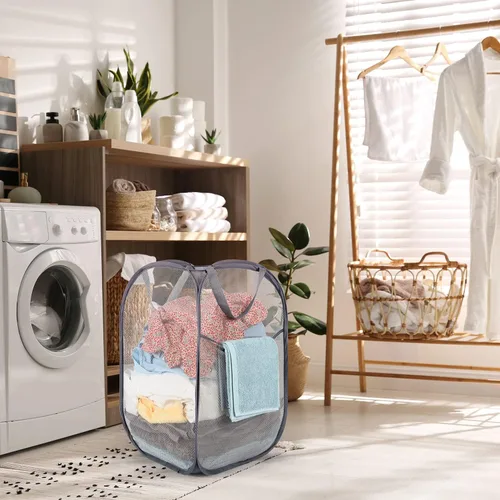 Miniatura 6 de BATTOO Cesta de lavandería plegable de malla fuerte de lujo tipo pop-up con bolsillo lateral para cuarto de lavandería, baño, habitación de niños