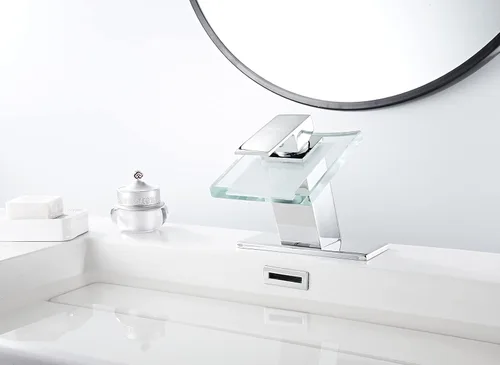 Miniatura 4 de Grifo de baño con salida de agua en cascada, diseño moderno, de un solo mango, un solo agujero, grifo de lavamanos de vidrio, cromado, de latón Cromo
