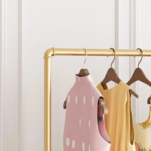 Miniatura 5 de Perchero de metal dorado con estante de madera, perchero resistente con ruedas para dormitorio, uso en boutiques minoristas (37.4 pulgadas de largo)