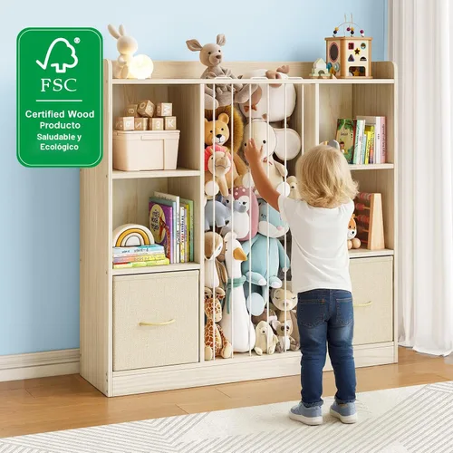 Miniatura 9 de EXPERLAM Organizador de almacenamiento de juguetes 4 en 1 con almacenamiento de animales de peluche, estantería de pino macizo para niños y estante