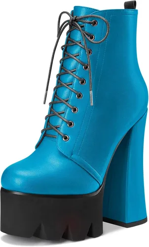 HDEUOLM Botas de tobillo con tacón alto de bloque grueso para mujer, puntera redonda, botines cortos con cordones y cremallera, zapatos clásicos