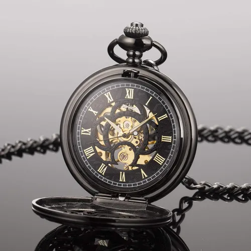 Miniatura 4 de ManChDa Reloj de bolsillo mecánico vintage negro con cadena para hombres + caja