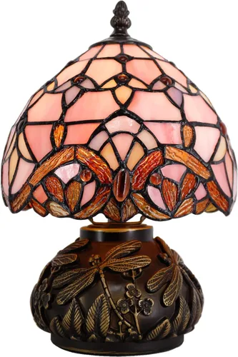 WERFACTORY Pequeña lámpara Tiffany escritorio rosa vidrieras barroco hongos lámpara de mesa bronce mini lámpara de acento W8H11 pulgadas serie S003P
