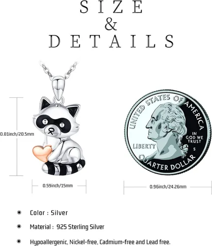 Miniatura 4 de CHENGHONG Collar con colgante de corazón de mapache abrazo de amor, lindo collar de mapache de plata de ley 925, collar de animal de mapache