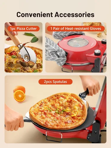 Miniatura 7 de Horno Eléctrico para Pizza de Interior con Piedra de Cerámica Esmaltada, Fabricador de Pizza Portátil de Mostrador de 12 Pulgadas con Temporizador