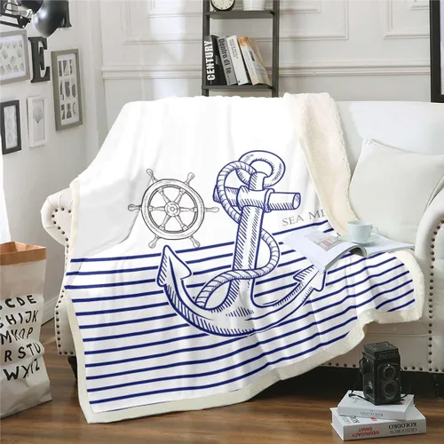 Miniatura 21 de Manta de olas oceánicas para cama, silla, retro, brújula, velero, manta náutica para decoración de dormitorio de niños, manta de vellón marino
