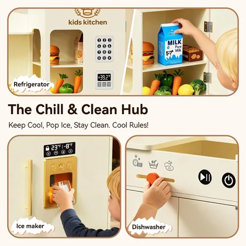 Miniatura 5 de Juego de cocina para niños con diseño giratorio, juego de cocina de madera para niños con máquina de hielo, juego de cocina de juguete para niños