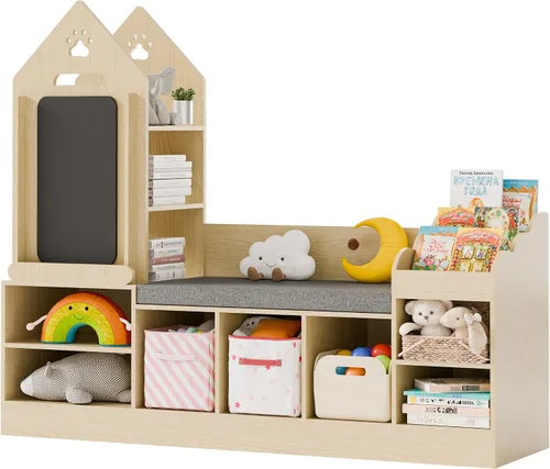 Miniatura 8 de MU Estantería para niños con rincón de lectura, organizador de almacenamiento de juguetes de madera con pizarra y banco, rincón de lectura