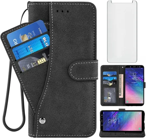 Asuwish Compatible con Samsung Galaxy A6 Funda tipo cartera y protector de pantalla de vidrio templado, soporte para tarjetas de crédito, accesorios