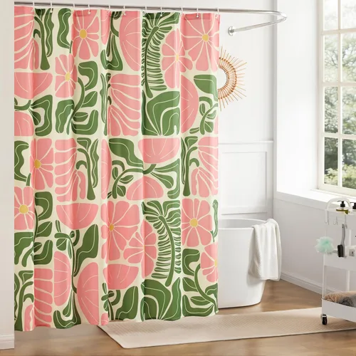 Ohocut Cortina de ducha moderna abstracta geométrica colorida de mediados de siglo para baño, bonita cortina de ducha floral rosa, cortina de baño