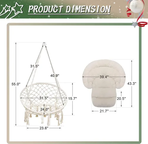 Miniatura 5 de Silla hamaca con cojín, silla columpio de macramé hecha a mano con kits de accesorios para colgar, estilo bohemio, silla colgante de cuerda de Beige