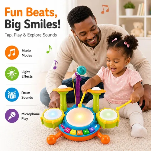 Miniatura 2 de Juego de batería para niños pequeños de 1 a 3 años, batería para bebés de 1 año con micrófono con luz, juguetes de batería para niños pequeños de 1