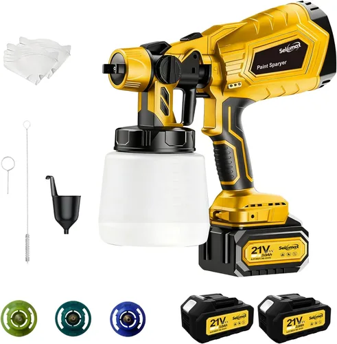 Pulverizador de pintura sin aire para pintura de casas/muebles, pistola de pintura inalámbrica con batería de 2 x 3.0 Ah, 4 boquillas de 3 patrones