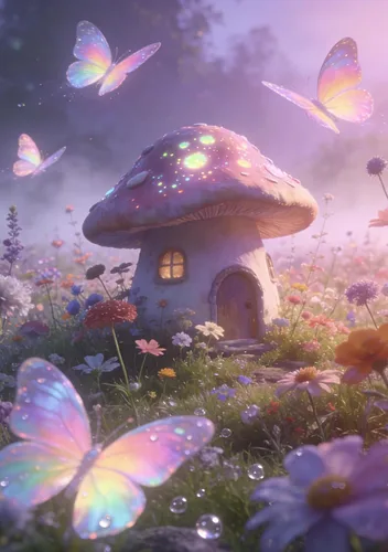 Miniatura 20 de Bandera de jardín de otoño con diseño de cuentos de hadas de fantasía, árbol, puesta de sol, mariposas, hierba, 12 x 18 pulgadas, pequeña, vertical