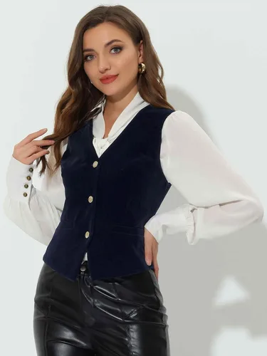 Miniatura 2 de Allegra K Chaleco de terciopelo steampunk para mujer, sin mangas, con botones, cuello en V, chalecos de traje