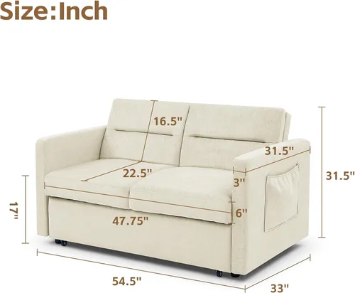 Miniatura 2 de Yoglad Sofá cama convertible 3 en 1, futón biplaza con cama extraíble, respaldo ajustable y 2 almacenamientos, para espacios pequeños, sala